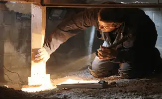 A professional inspecting wooden beams under the floor of a structure in Columbia, MO